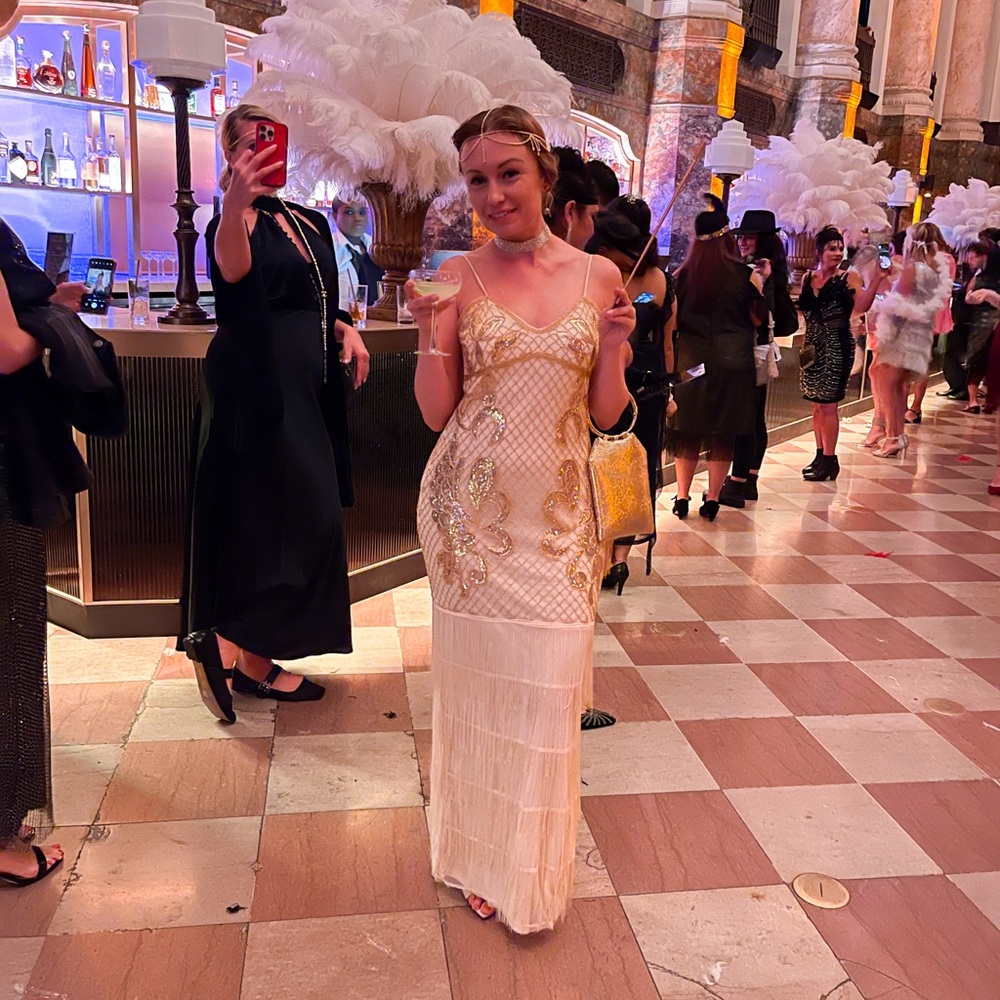 Elegant Gold and Cream Fringe Dress - Picture 3 of 6